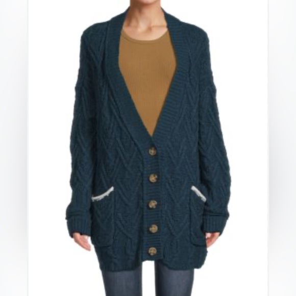 Free People Oversized Cabel Knit Blue Cardigan Sweater size S - Picture 1 of 4
